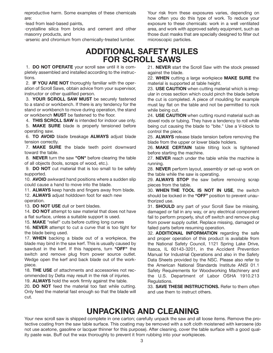 Delta 40-540 warranty Additional Safety Rules For Scroll Saws, Unpacking and Cleaning 