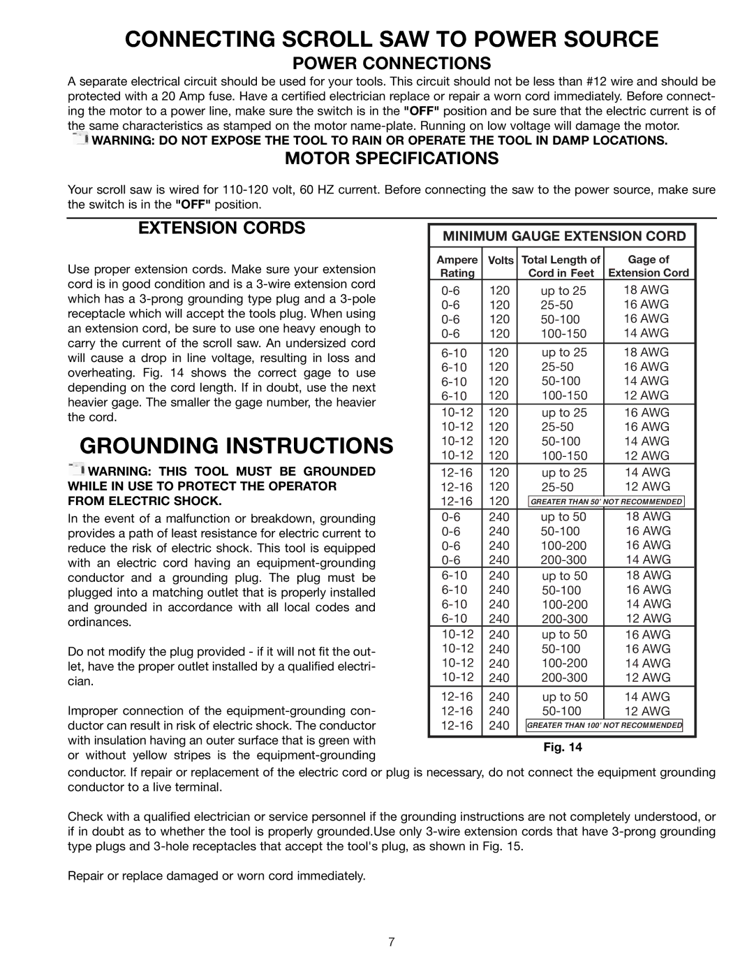 Delta 40-540 warranty Connecting Scroll SAW to Power Source, Grounding Instructions 