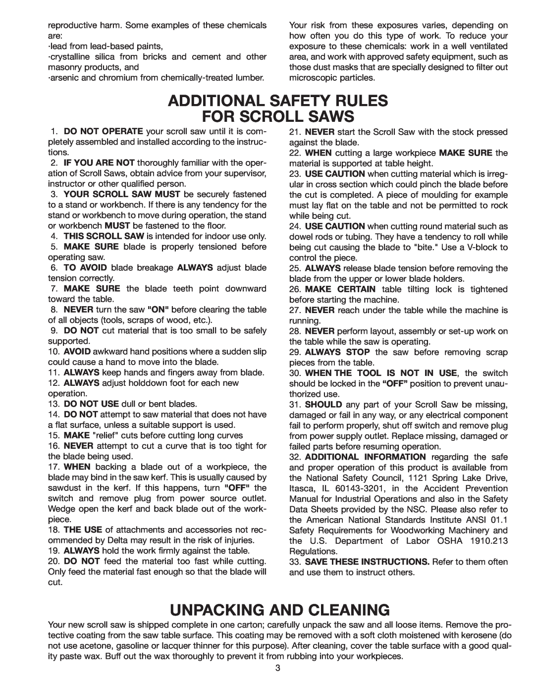 Delta 40-540 warranty Additional Safety Rules For Scroll Saws, Unpacking And Cleaning 