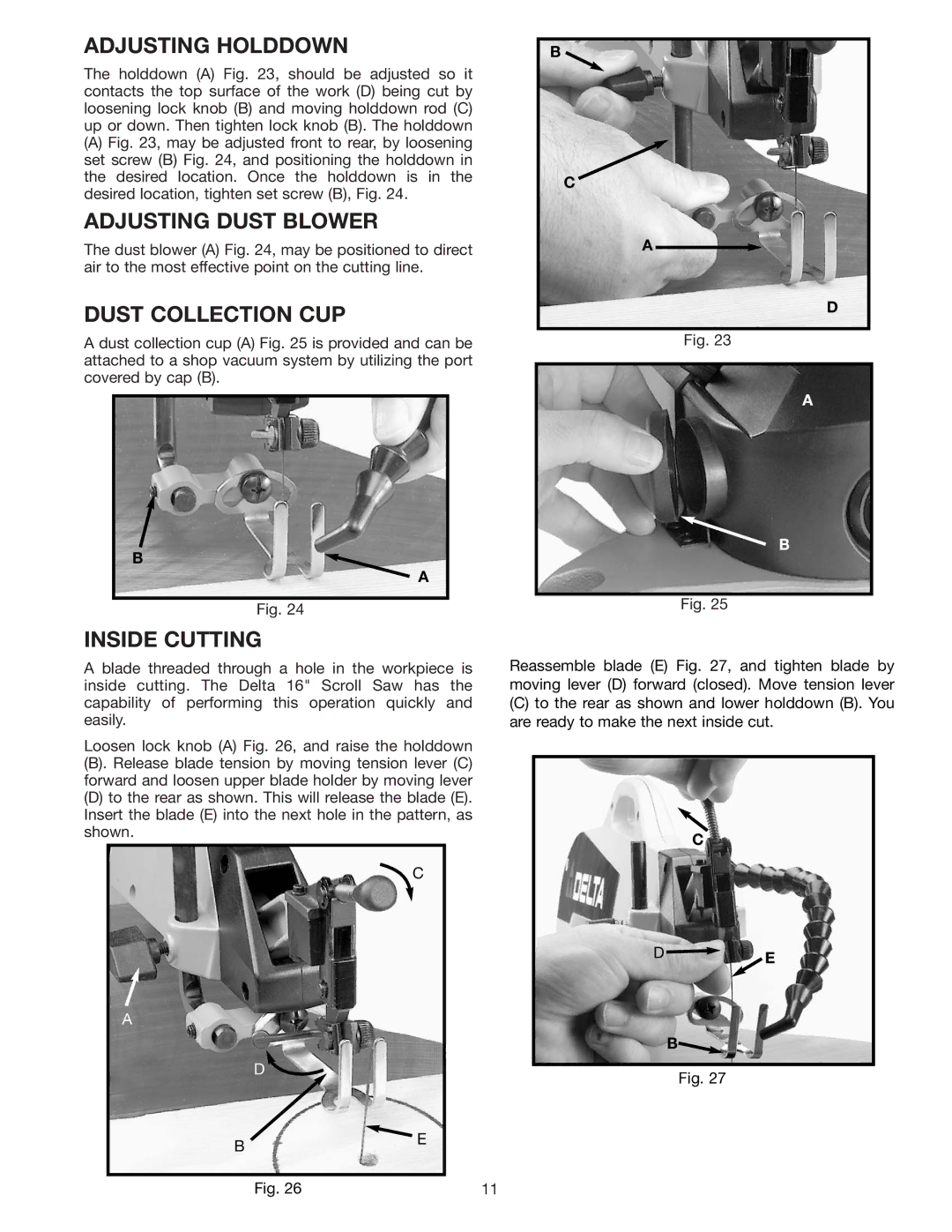 Delta 40-570 instruction manual Adjusting Holddown, Adjusting Dust Blower, Dust Collection CUP, Inside Cutting 