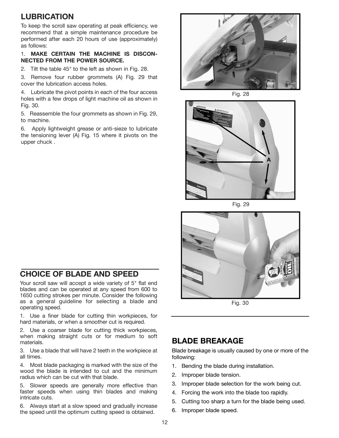 Delta 40-570 instruction manual Lubrication, Choice of Blade and Speed 