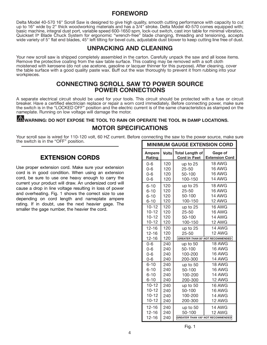 Delta 40-570 Foreword, Unpacking and Cleaning, Connecting Scroll SAW to Power Source Power Connections, Extension Cords 