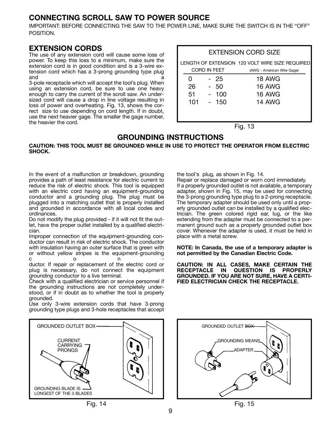 Delta 40-650 Type 2 instruction manual Connecting Scroll SAW to Power Source, Extension Cords, Grounding Instructions 