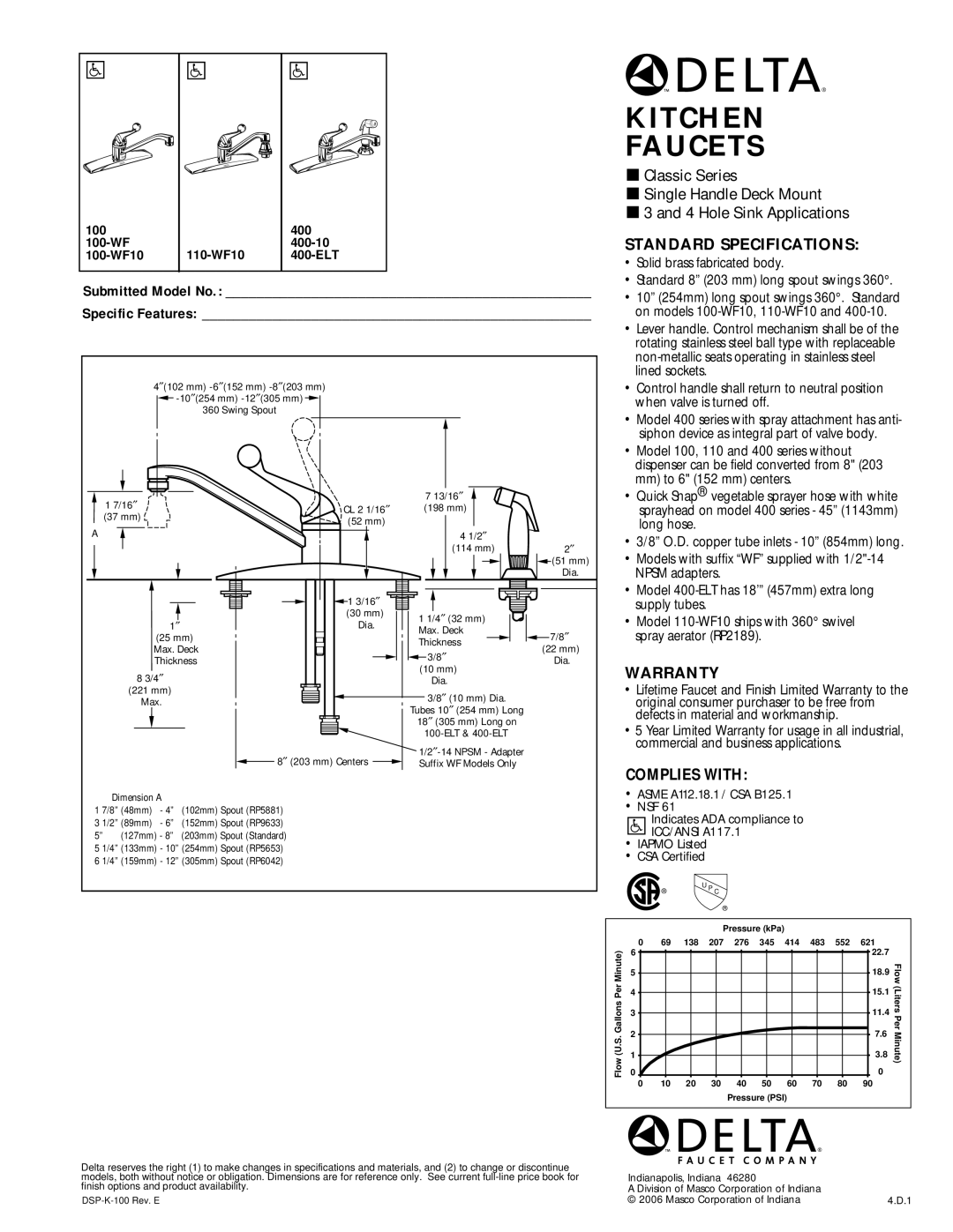 Delta 400-10, 400-ELT, 100-WF warranty Kitchen Faucets, Standard Specifications, Warranty, Complies with, ICC/ANSI A117.1 