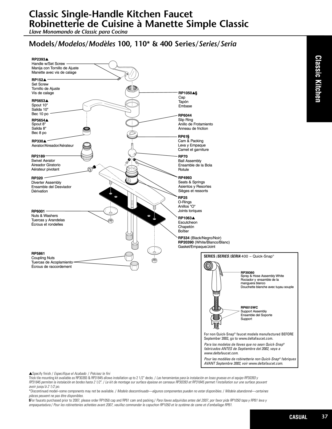 Delta 100 Series, 110* Series manual Classic Kitchen, Models/Modelos/Modèles 100, 110* & 400 Series/Series/Seria 