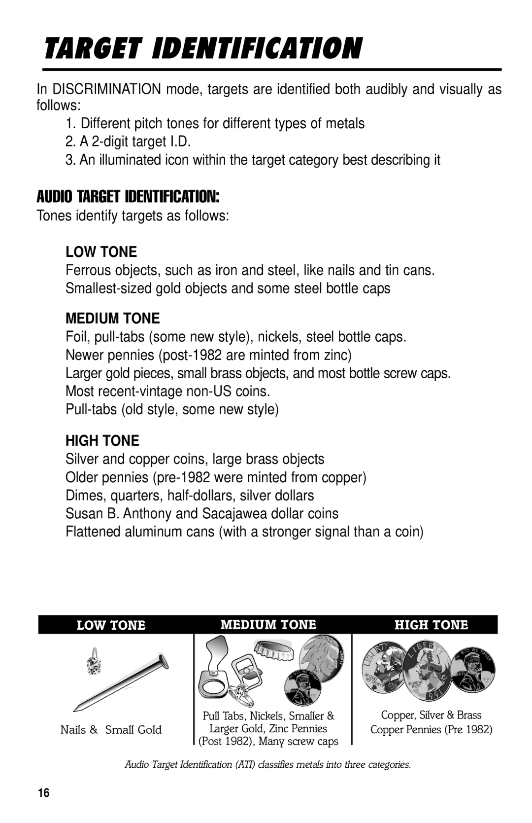 Delta 4000 owner manual Audio Target Identification, Tones identify targets as follows 