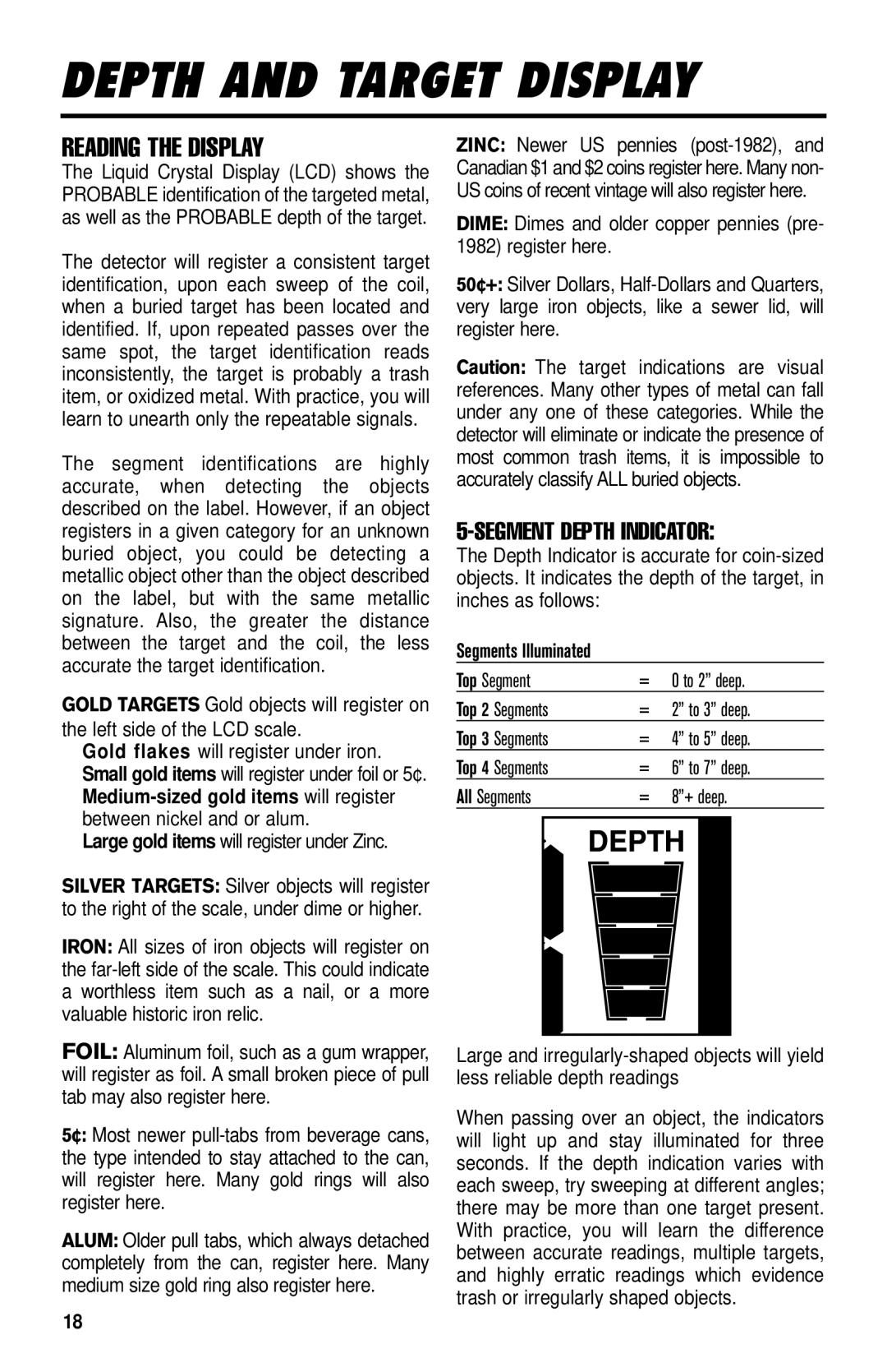 Delta 4000 owner manual Depth and Target Display, Reading the Display 