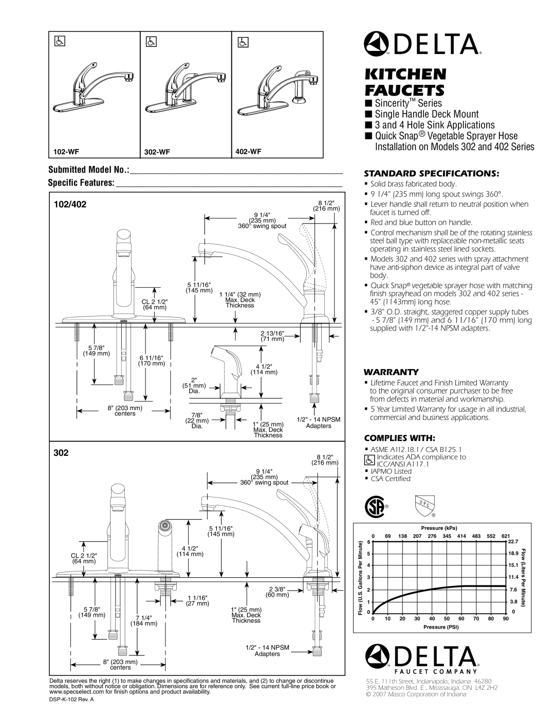 Delta 302-WF, 402-WF, 102-WF warranty Kitchen Faucets, Standard Specifications, Warranty, Complies with 