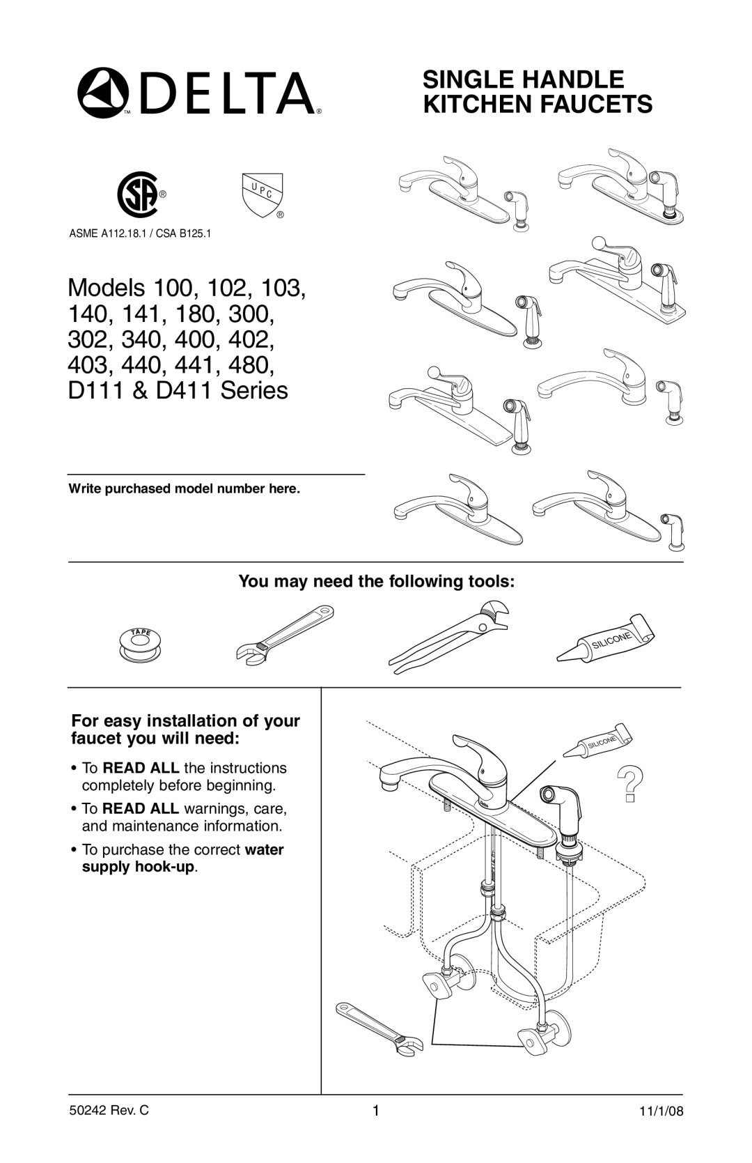 Delta 302, 403, 400, 402, 180, D411 Series, D111 Series manual Single Handle Kitchen Faucets, Write purchased model number here 