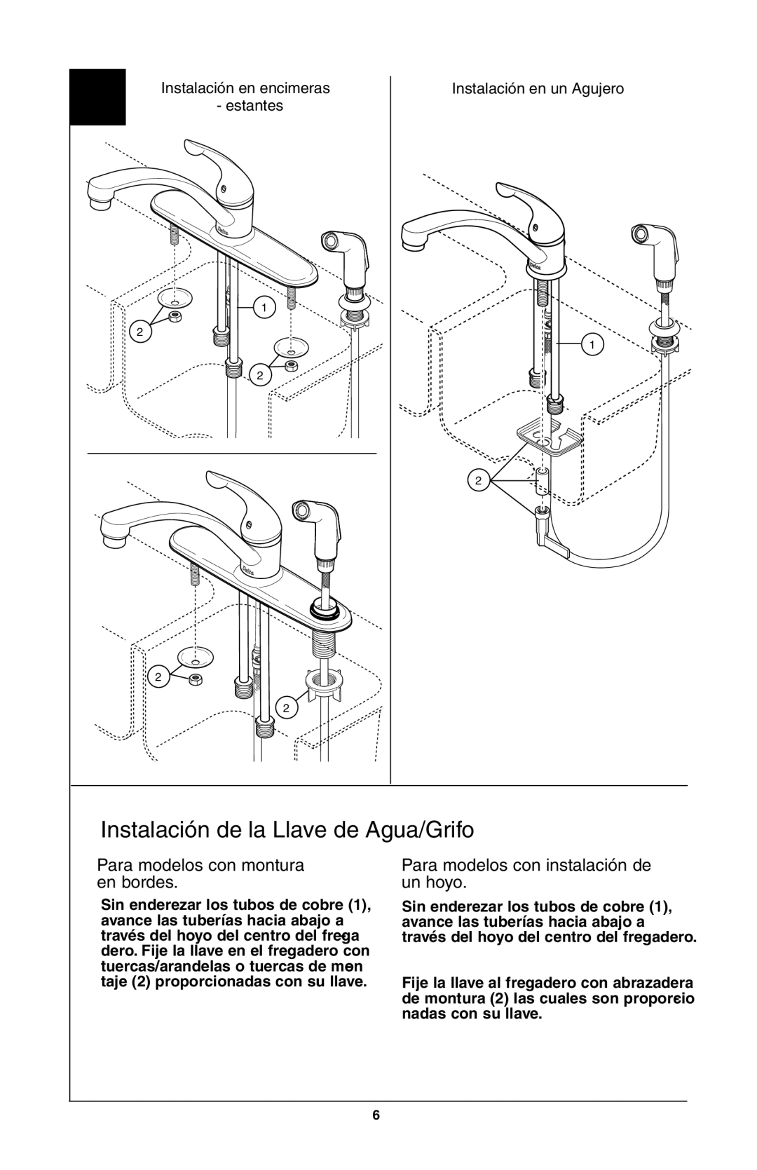 Delta D111 Series, 403, 302, 400, 402, 180, 103, 102 Instalación de la Llave de Agua/Grifo, Para modelos con montura en bordes 