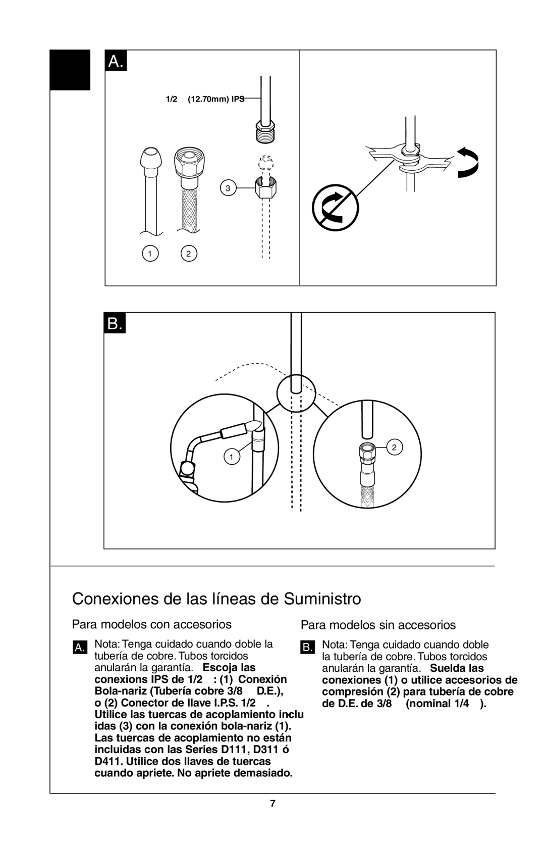 Delta 103, 403, 302, 400, 402, 180, D411 Series, D111 Series Conexiones de las líneas de Suministro, Para modelos con accesorios 