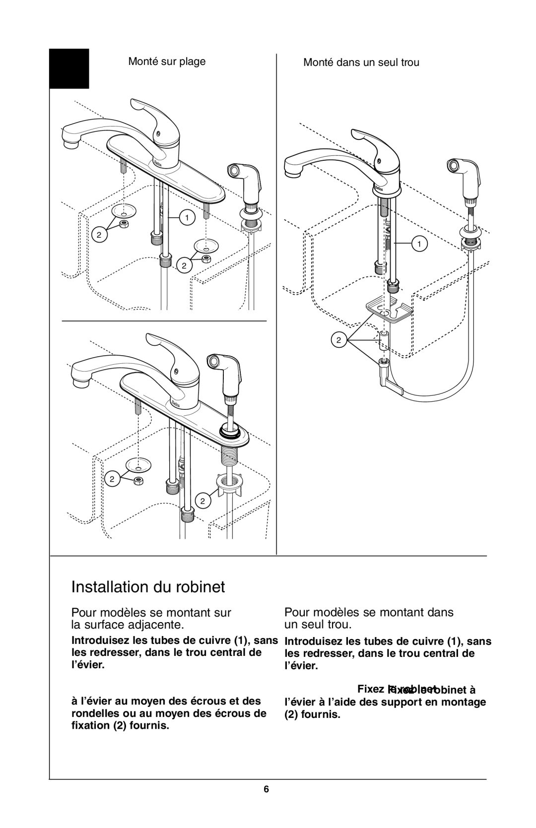 Delta D111 Series, 403, 302, 400, 402, 180, 103, 102 Installation du robinet, Pour modèles se montant sur la surface adjacente 