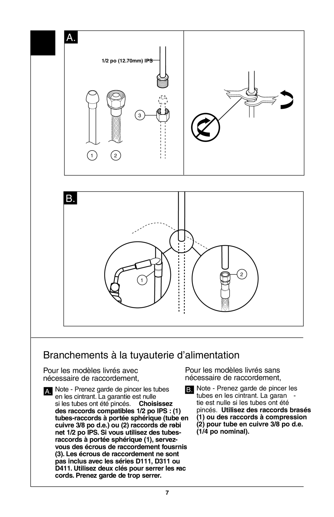 Delta 103, 403, 302 Branchements à la tuyauterie d’alimentation, Pour les modèles livrés avec nécessaire de raccordement 