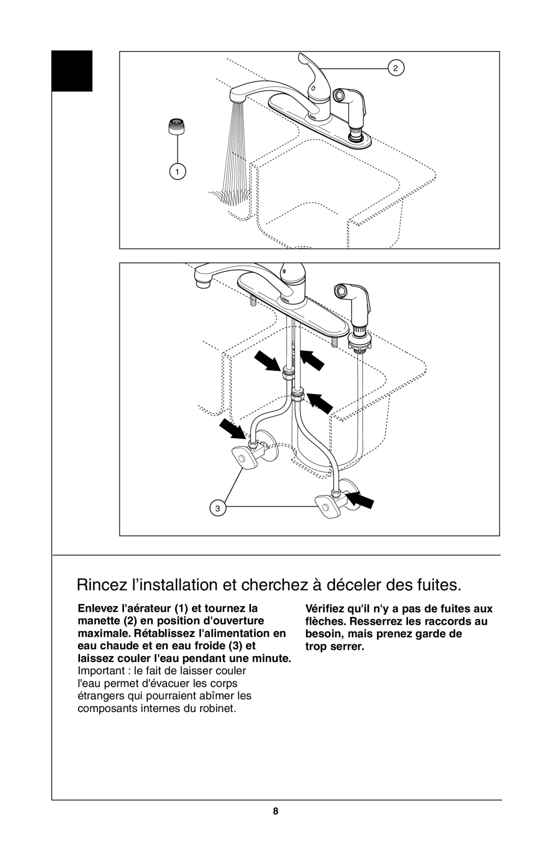 Delta 102, 403, 302, 400, 402, 180, D411 Series, D111 Series, 103, 104 manual Rincez l’installation et cherchez à déceler des fuites 