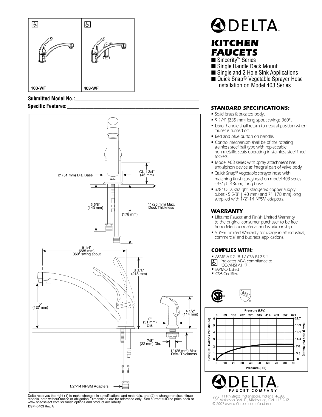 Delta 103-WF, 403-WF warranty Kitchen Faucets, Standard Specifications, Warranty, Complies with, ICC/ANSI A117.1 