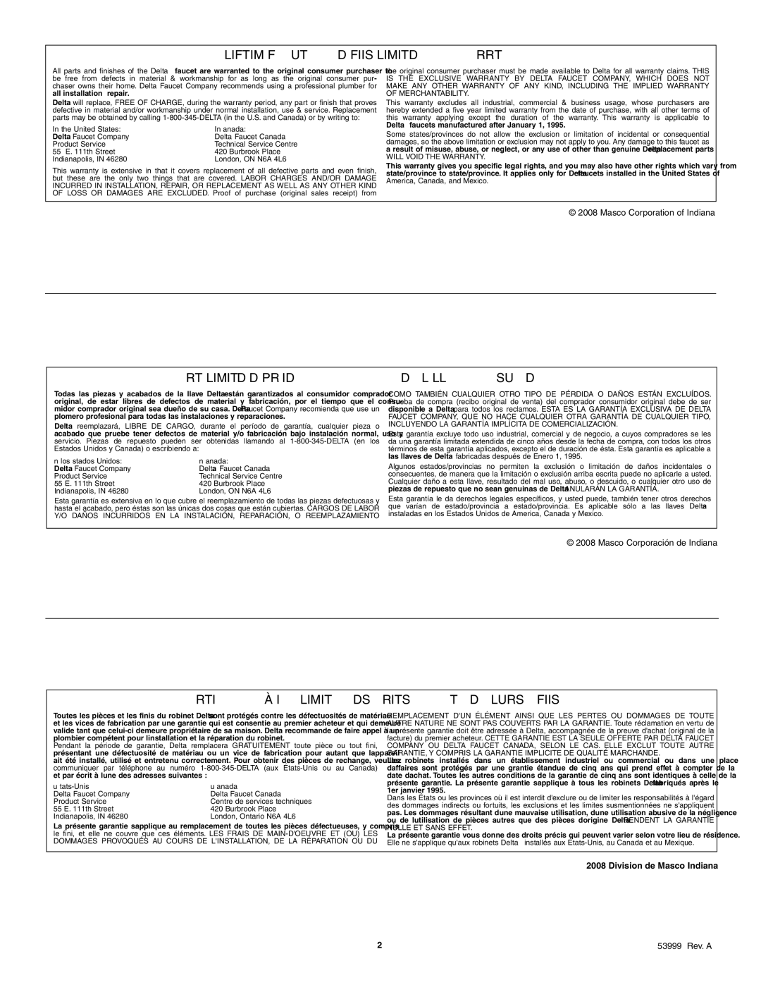 Delta 319-DST, 417-DST, 419-DST, 119-DST, 117-DST manual Lifetime Faucet and Finish Limited Warranty 