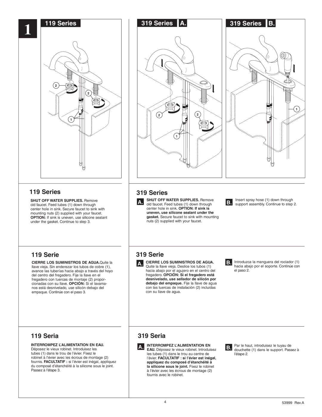 Delta 117-DST, 417-DST, 419-DST, 319-DST Series, Seria, Shut OFF Water SUPPLIES. Remove, Uneven, use silicone sealant under 