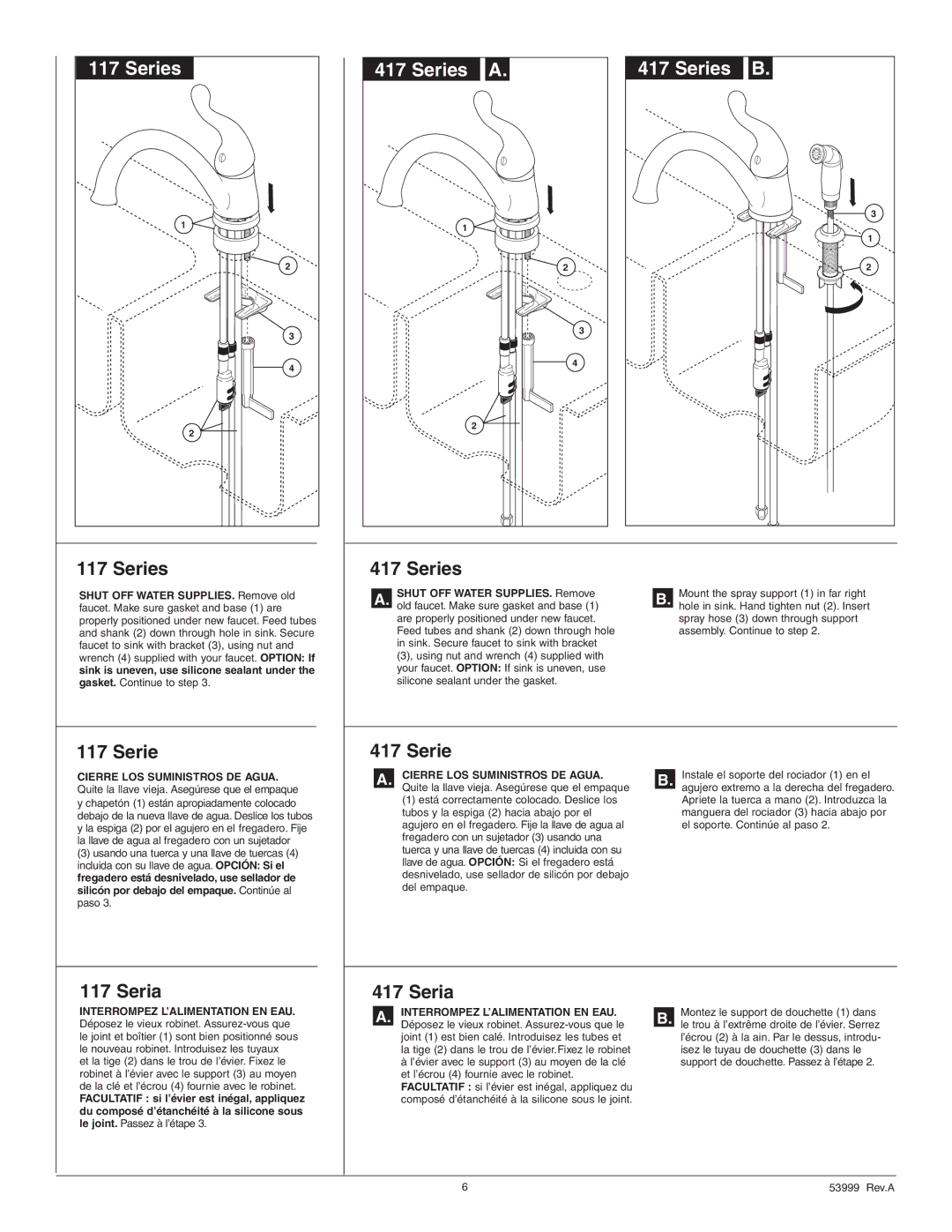 Delta 419-DST, 417-DST, 319-DST, 119-DST, 117-DST manual Serie Series, Interrompez L’ALIMENTATION EN EAU 