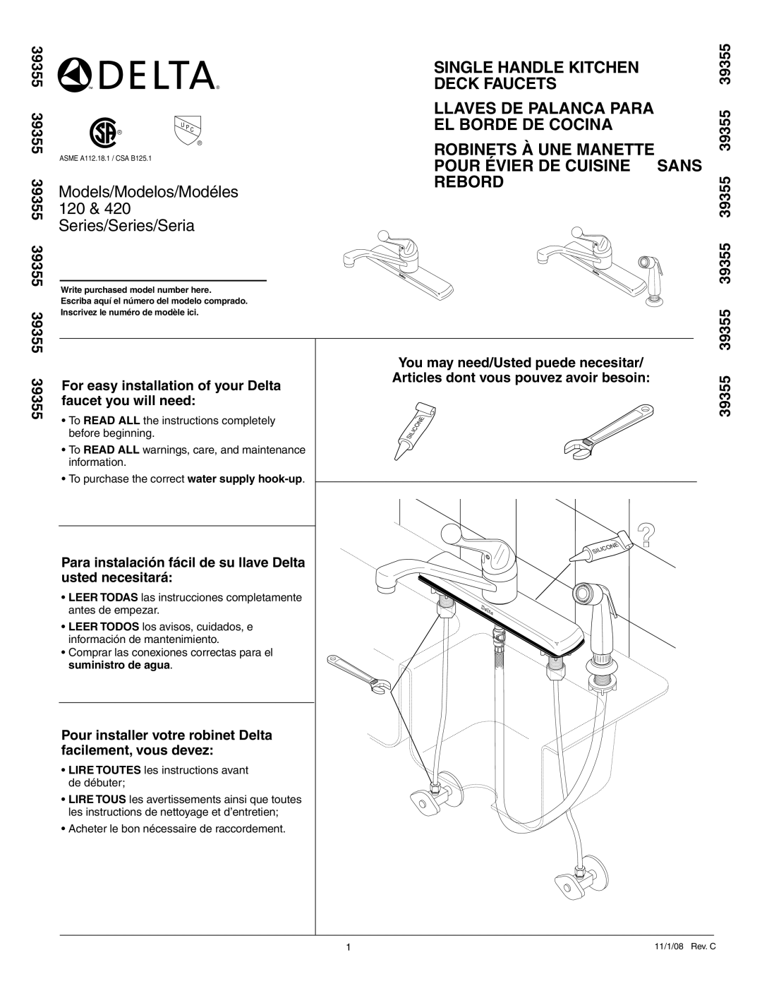 Delta 420 Series manual Single Handle Kitchen 