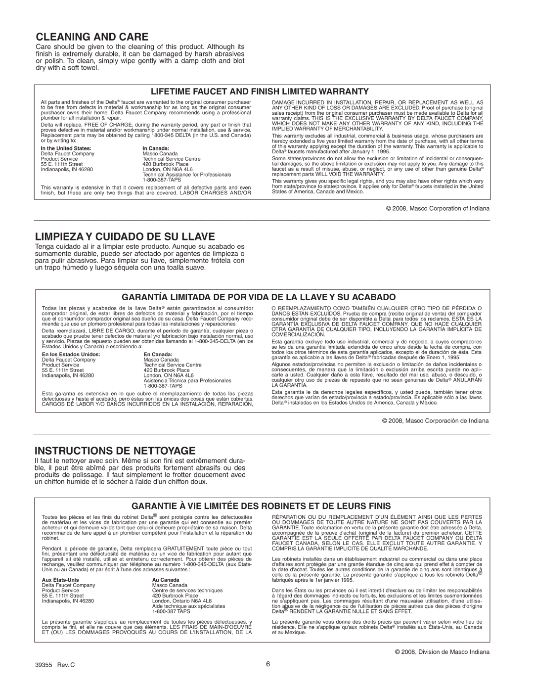 Delta 420 Series manual Cleaning and Care 