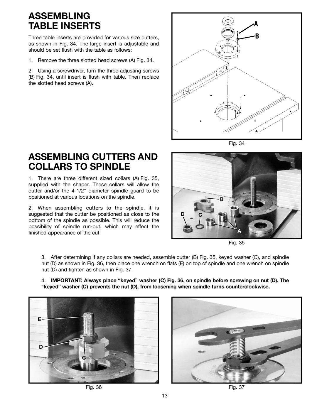 Delta 43-424 instruction manual Assembling Table Inserts, Assembling Cutters and Collars to Spindle 