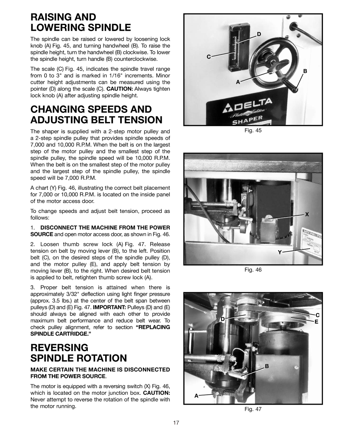 Delta 43-424 Raising Lowering Spindle, Changing Speeds and Adjusting Belt Tension, Reversing Spindle Rotation 