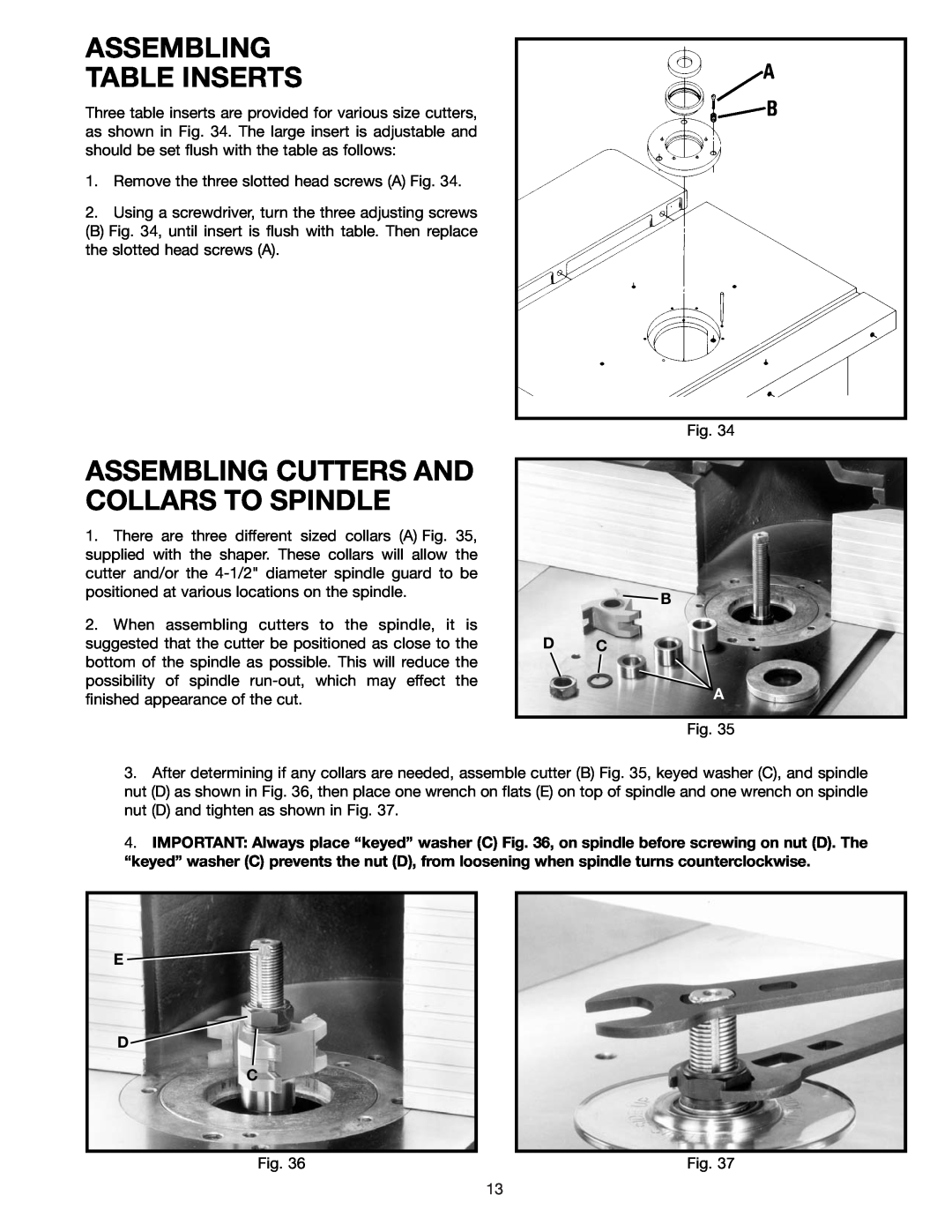 Delta 43-424 instruction manual Assembling Table Inserts, Assembling Cutters And Collars To Spindle, B D C, E D C 