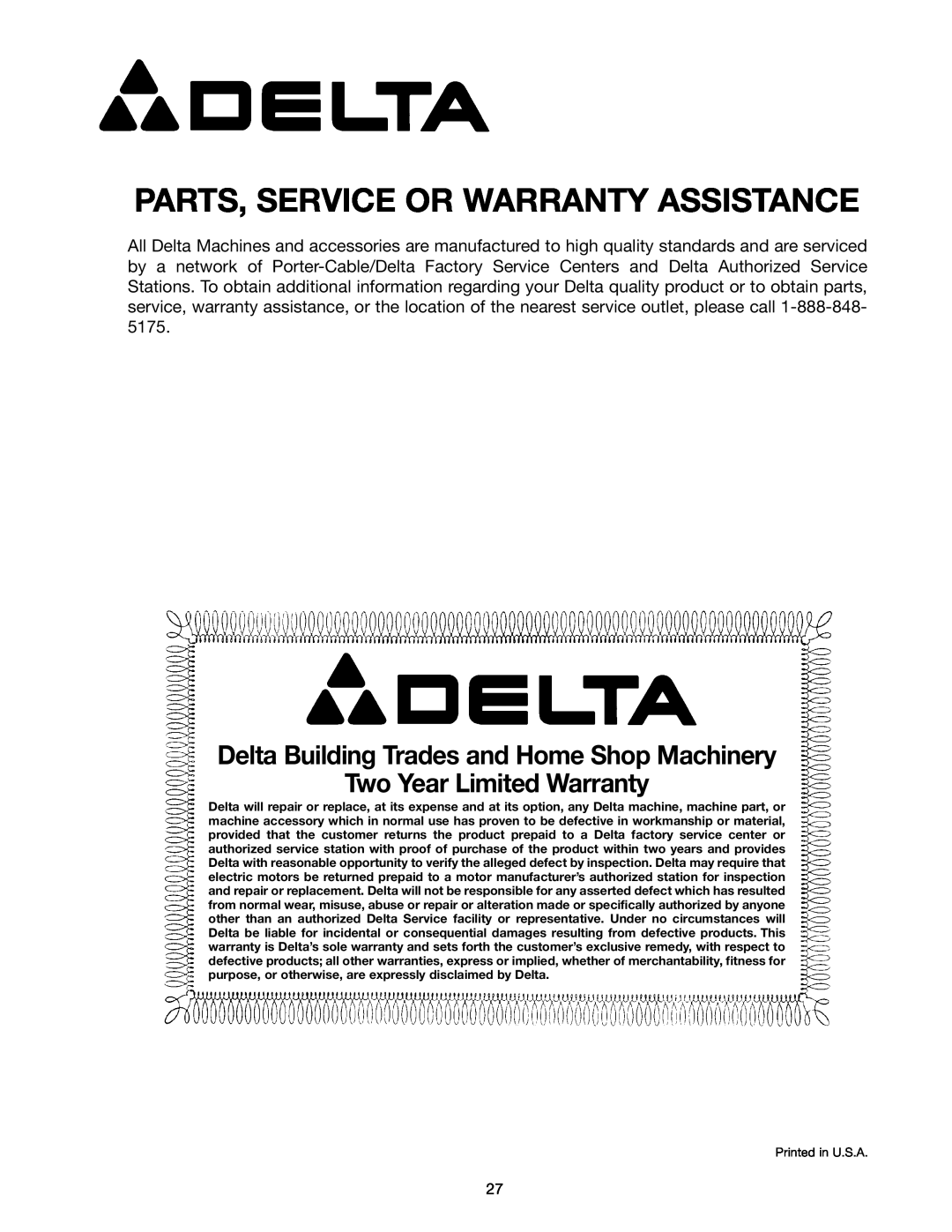 Delta 43-424 Parts, Service Or Warranty Assistance, Delta Building Trades and Home Shop Machinery, Printed in U.S.A 