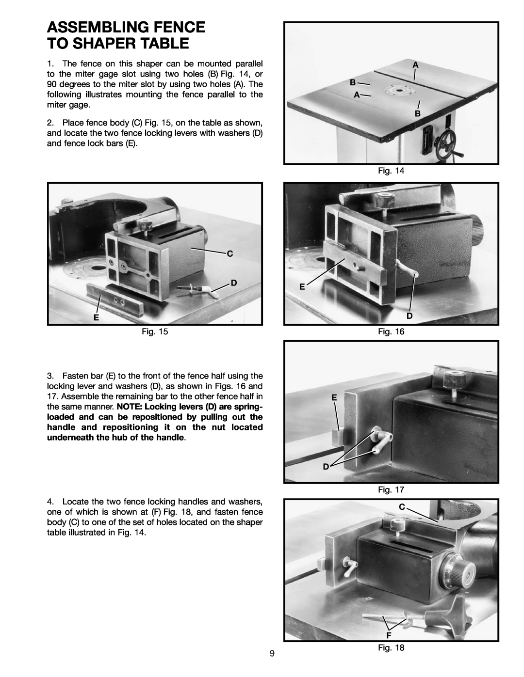 Delta 43-424 instruction manual Assembling Fence To Shaper Table, C D E 