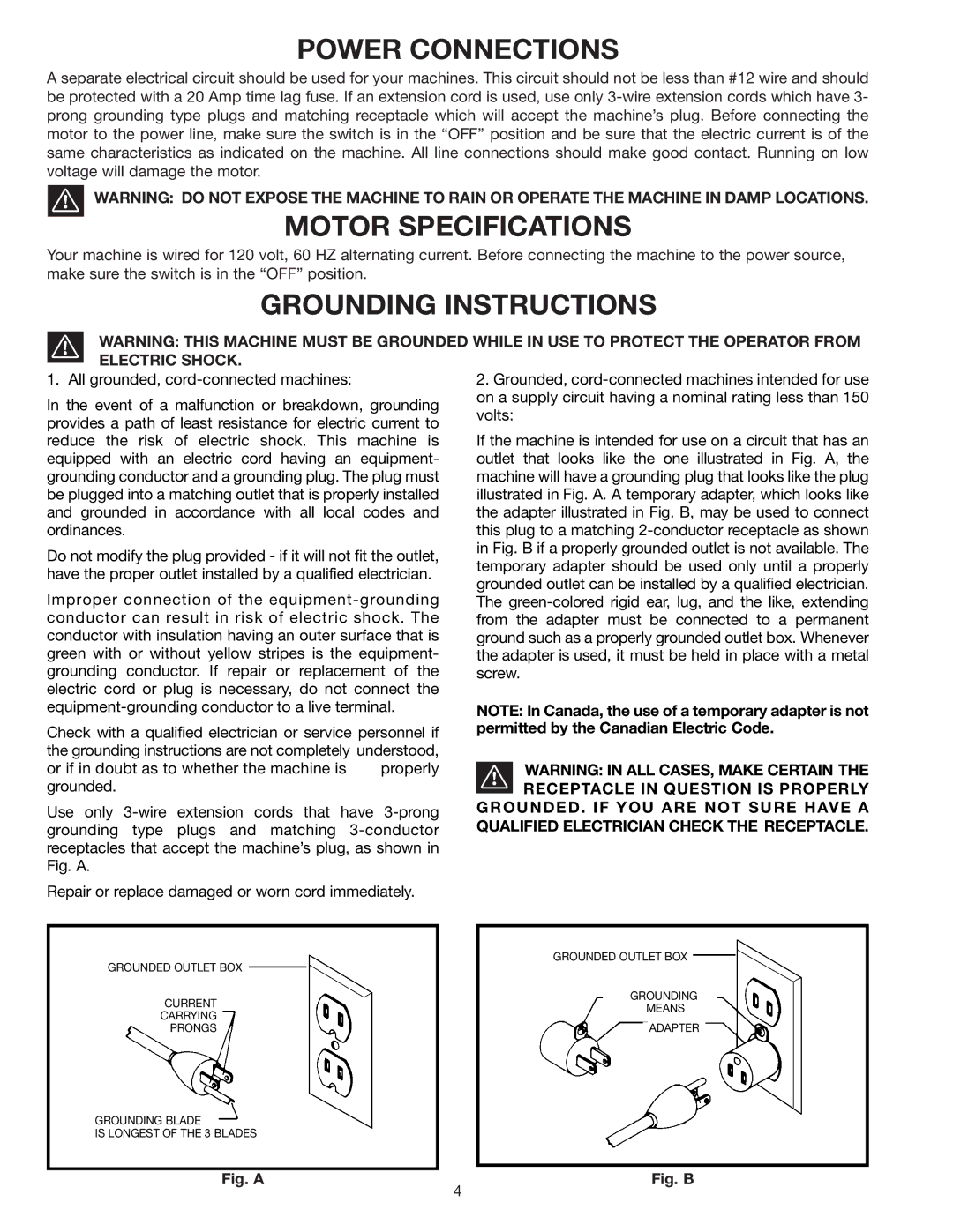 Delta 43-505 instruction manual Power Connections, Motor Specifications, Grounding Instructions 