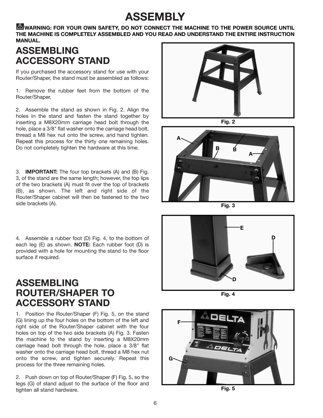 Delta 43-505 instruction manual Assembly, Assembling Accessory Stand, Assembling ROUTER/SHAPER to Accessory Stand 