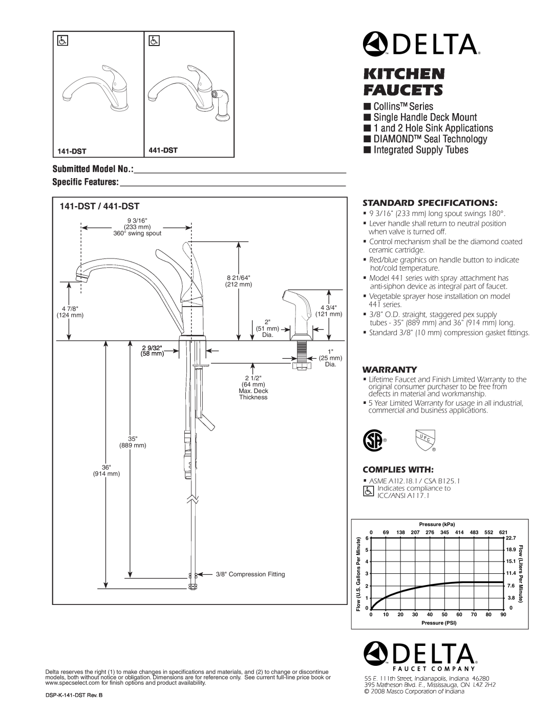 Delta 141-DST specifications Kitchen Faucets, Collins Series Single Handle Deck Mount, Integrated Supply Tubes, Warranty­ 