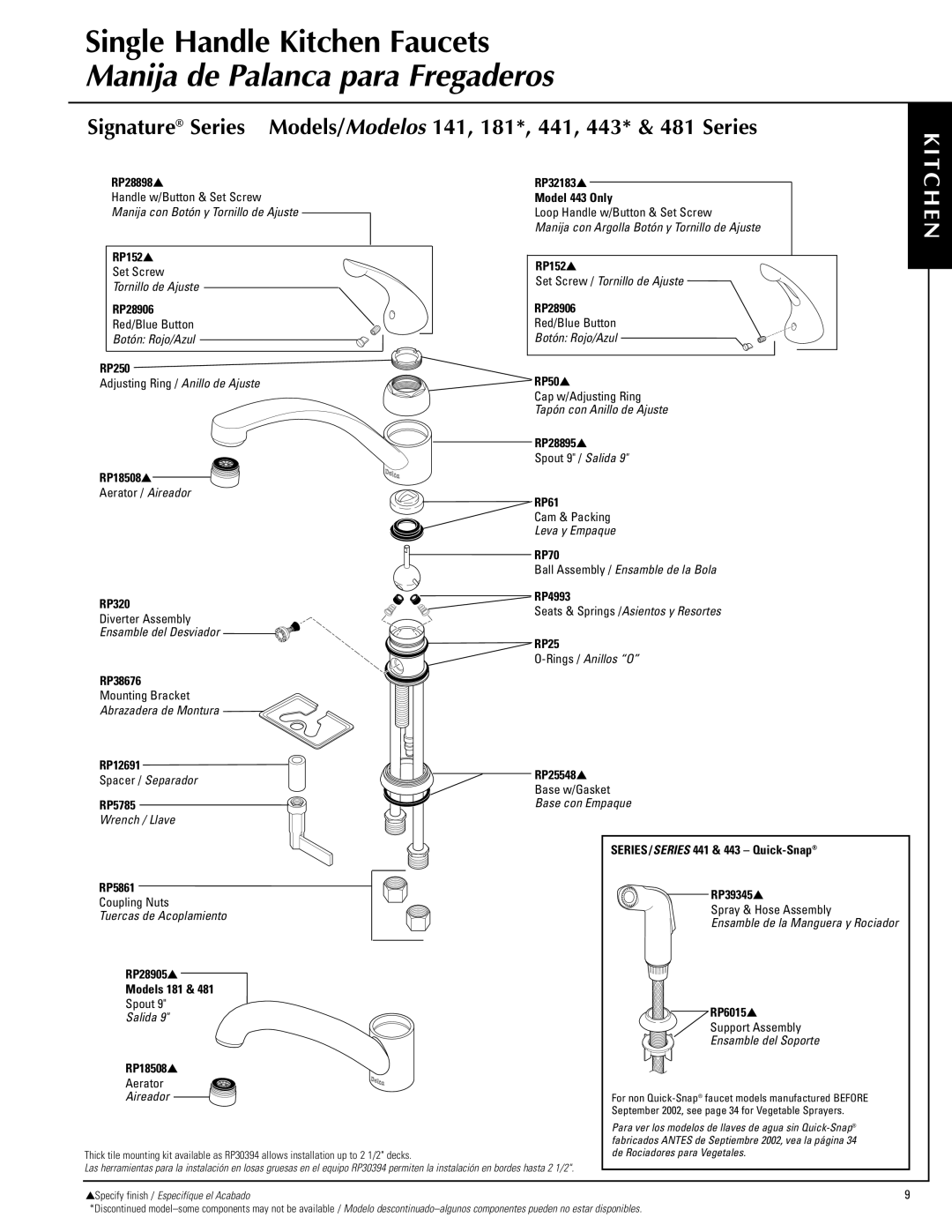 Delta 481 Series, 443, 181, RP28905L, RP18508L manual Manija de Palanca para Fregaderos, E N 