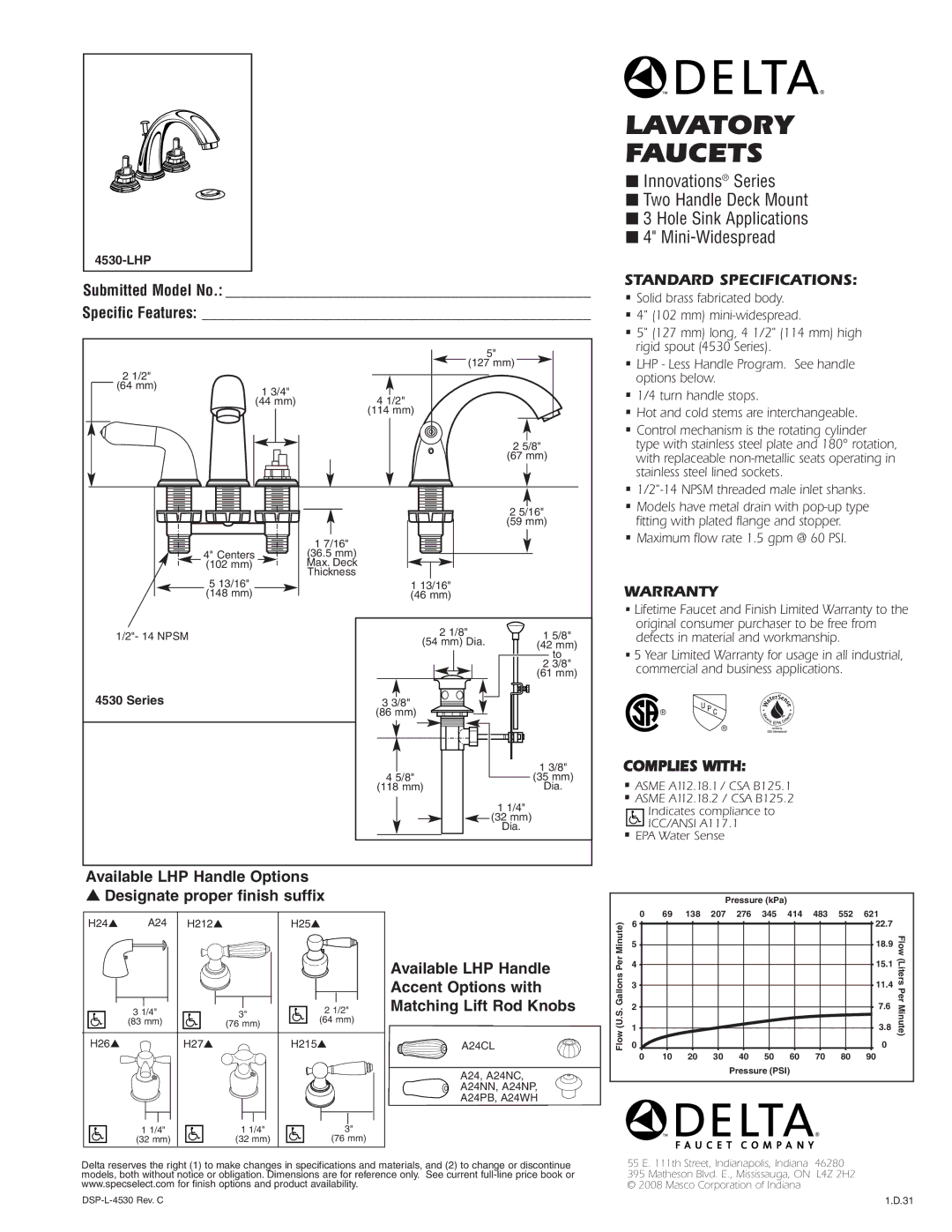 Delta 4530-LHP warranty Lavatory Faucets, Standard Specifications, Warranty, Complies with 