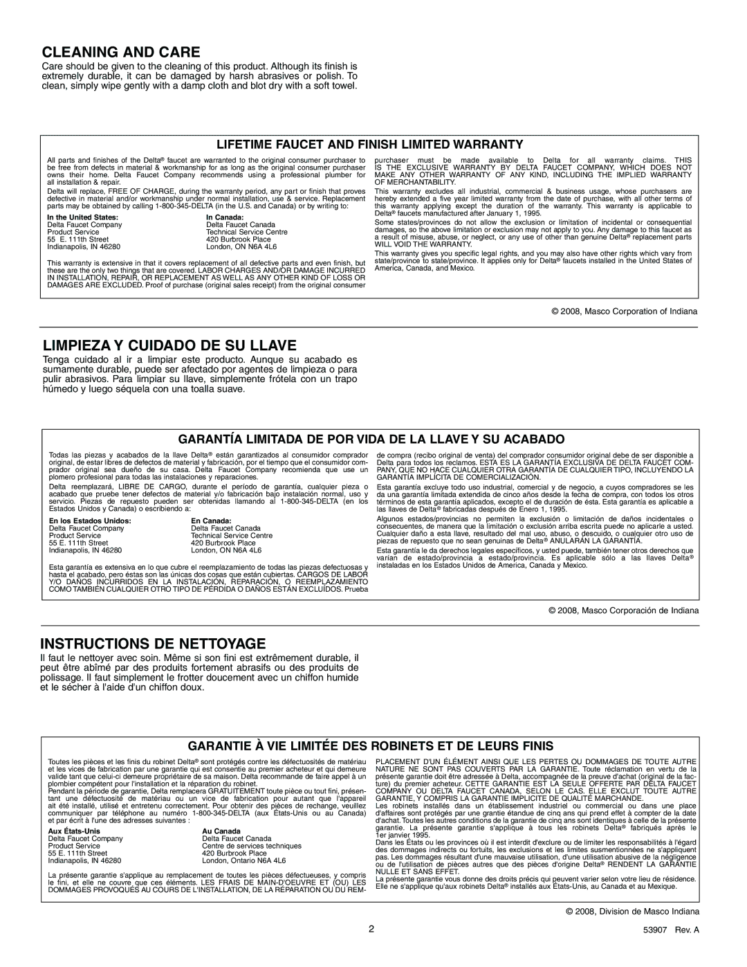 Delta 4540 Series manual Cleaning and Care 