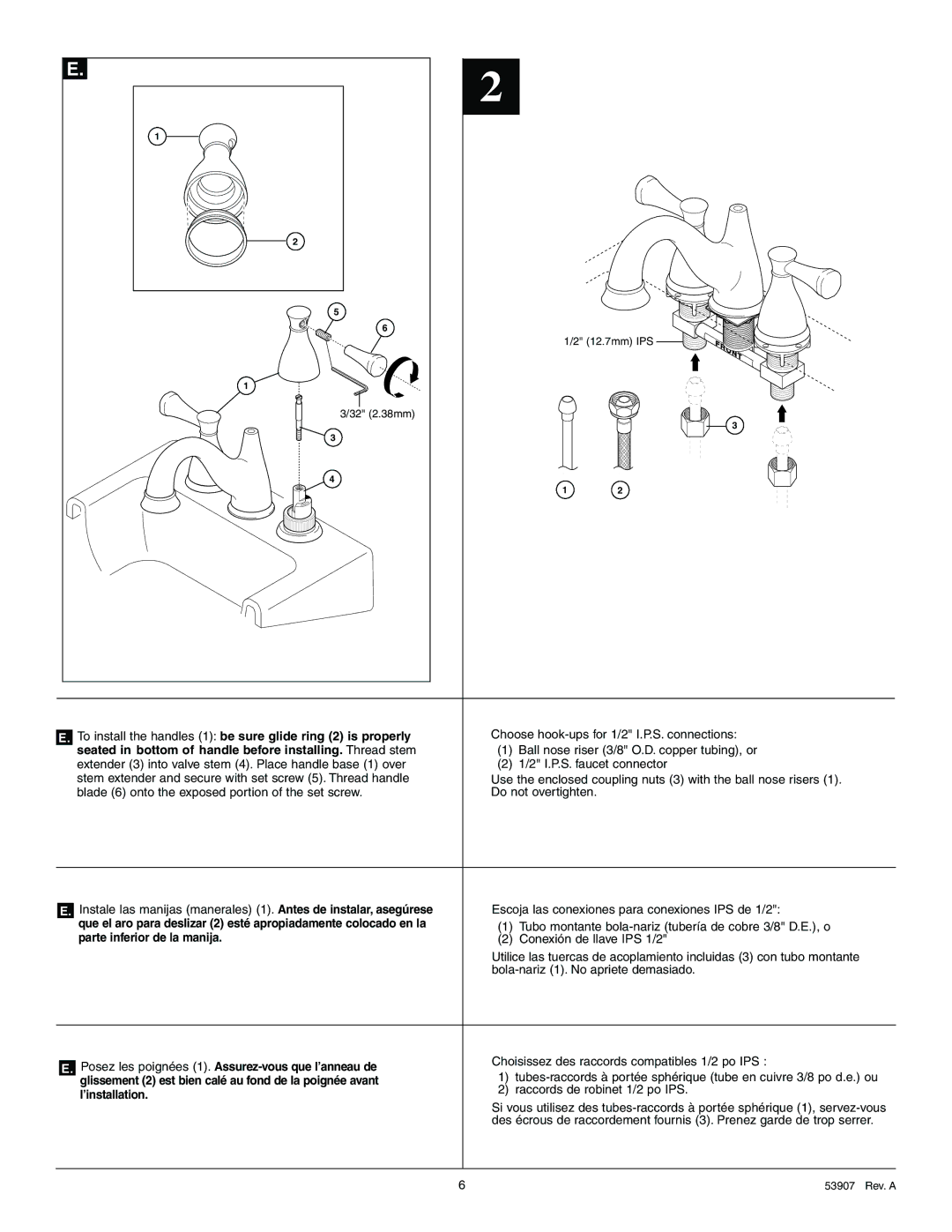 Delta 4540 Series To install the handles 1 be sure glide ring 2 is properly, Parte inferior de la manija, ’installation 