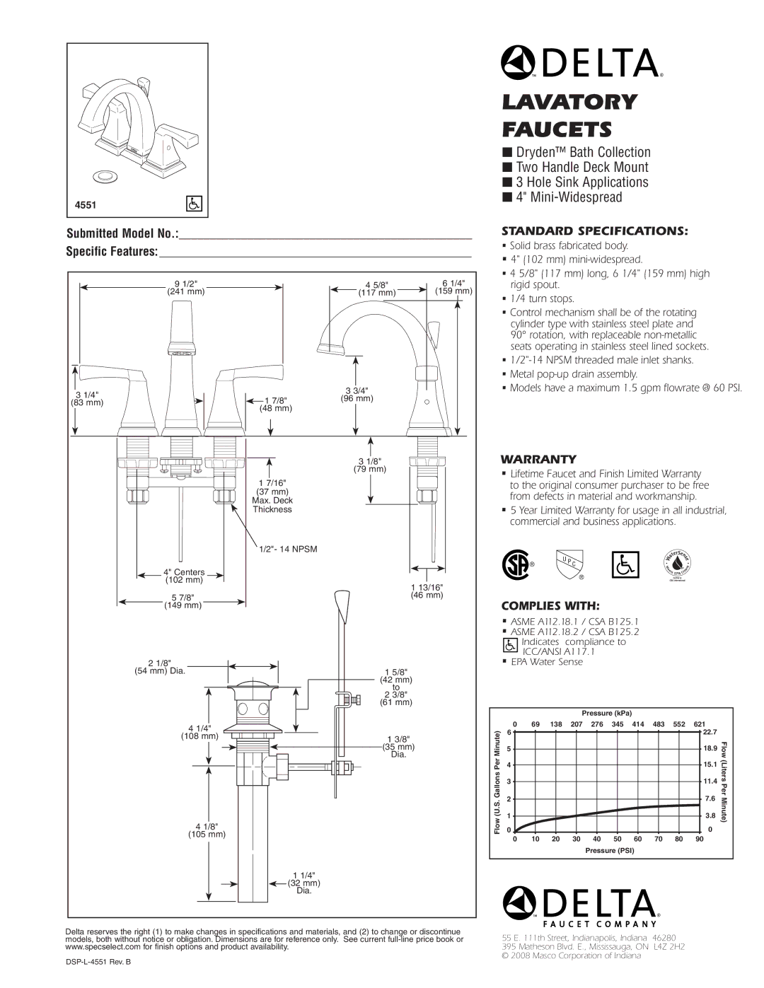 Delta 4551 warranty Lavatory Faucets, Standard SPECIFICATIONS­, Warranty, Complies with, Submitted Model No 