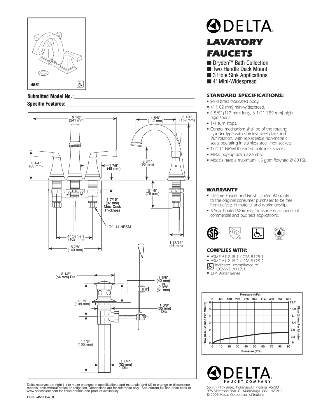 Delta 4551 warranty Lavatory Faucets, Dryden Bath Collection Two Handle Deck Mount 3 Hole Sink Applications, Warranty 