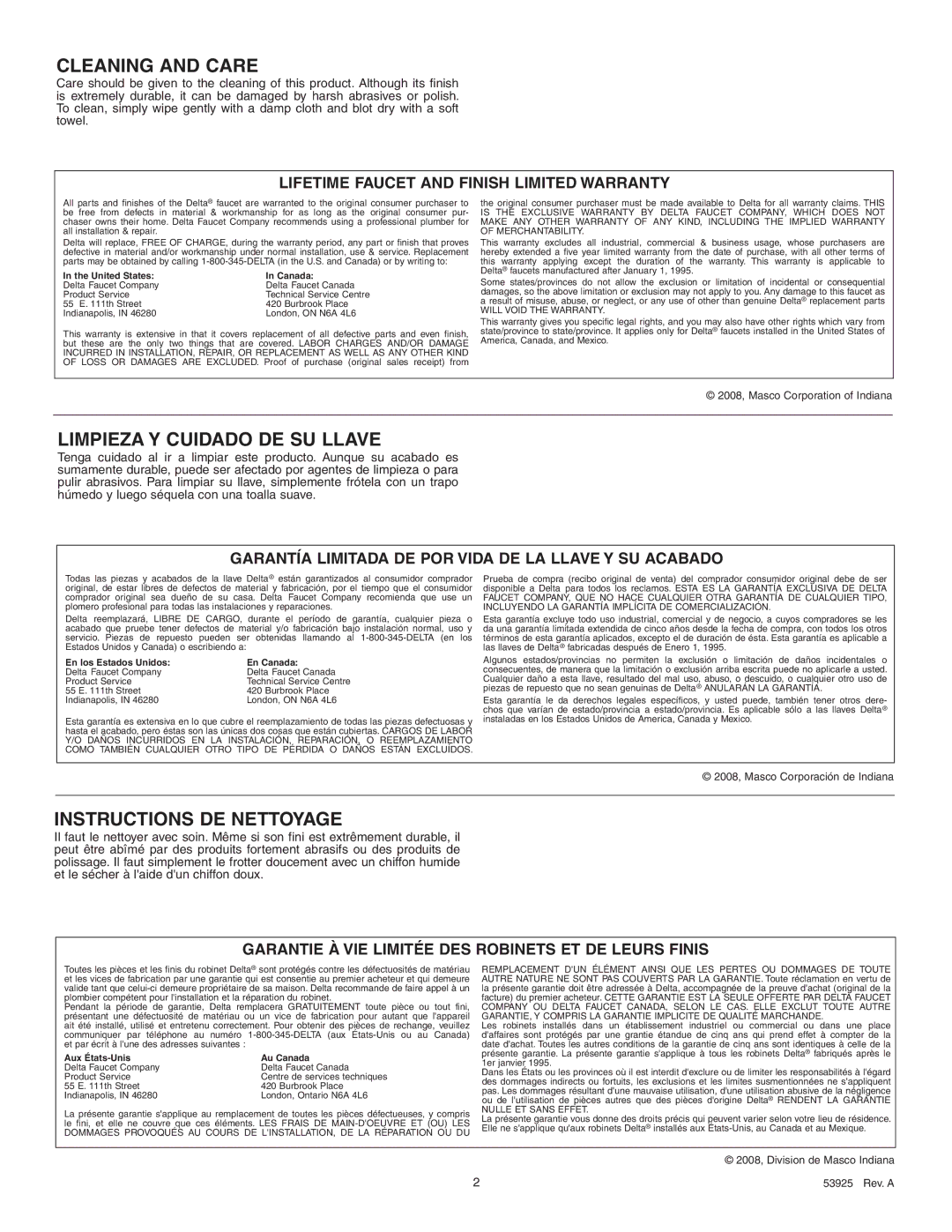 Delta 4555 Series manual Instructions de nettoyage, United States Canada, En los Estados Unidos En Canada 