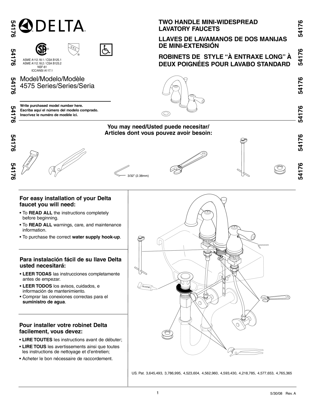 Delta 4575 Series manual 54176 54176 54176 54176, Lire Toutes les instructions avant de débuter 