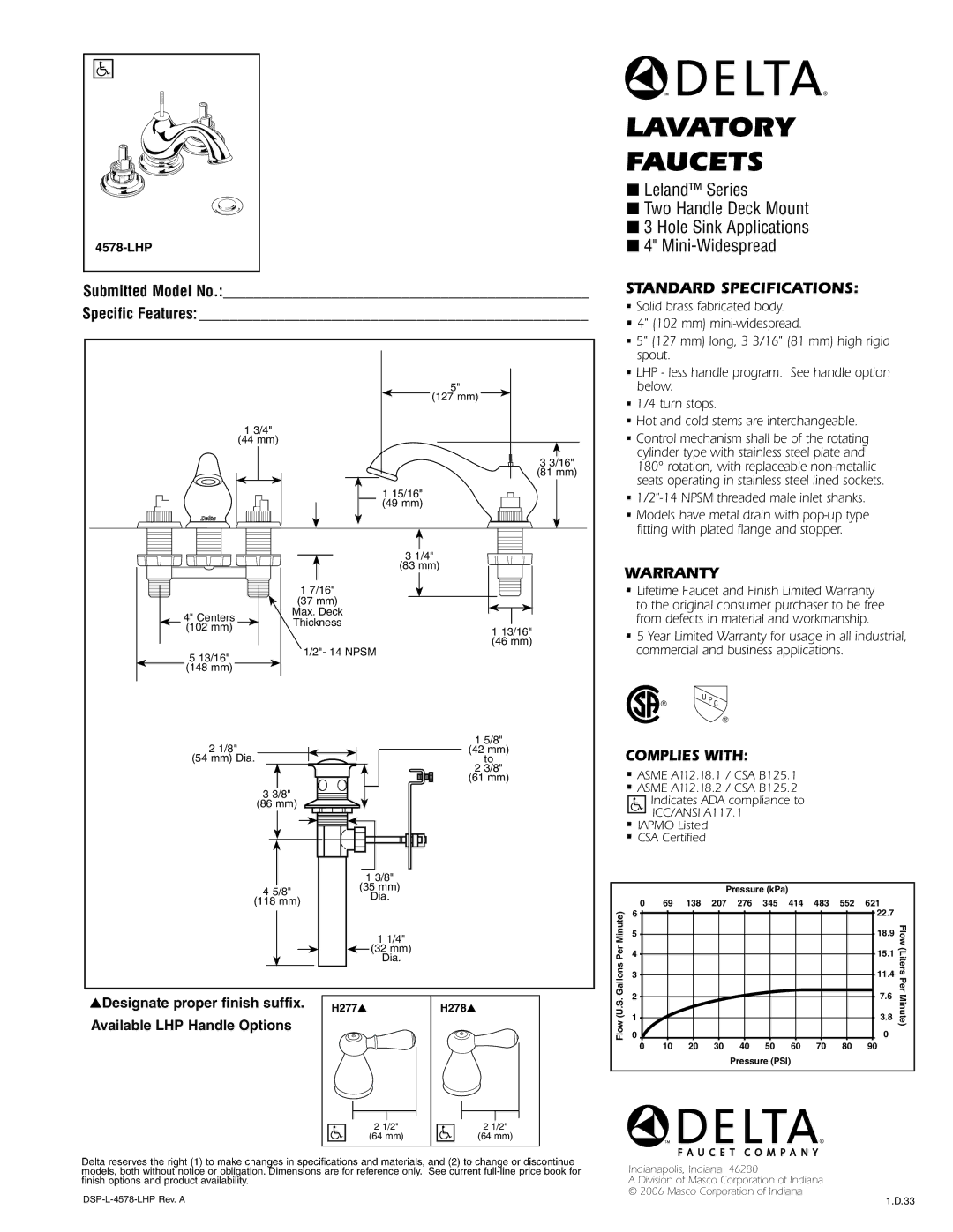 Delta 4578-LHP warranty Lavatory Faucets, Submitted Model No Specific Features, Standard Specifications, Warranty 