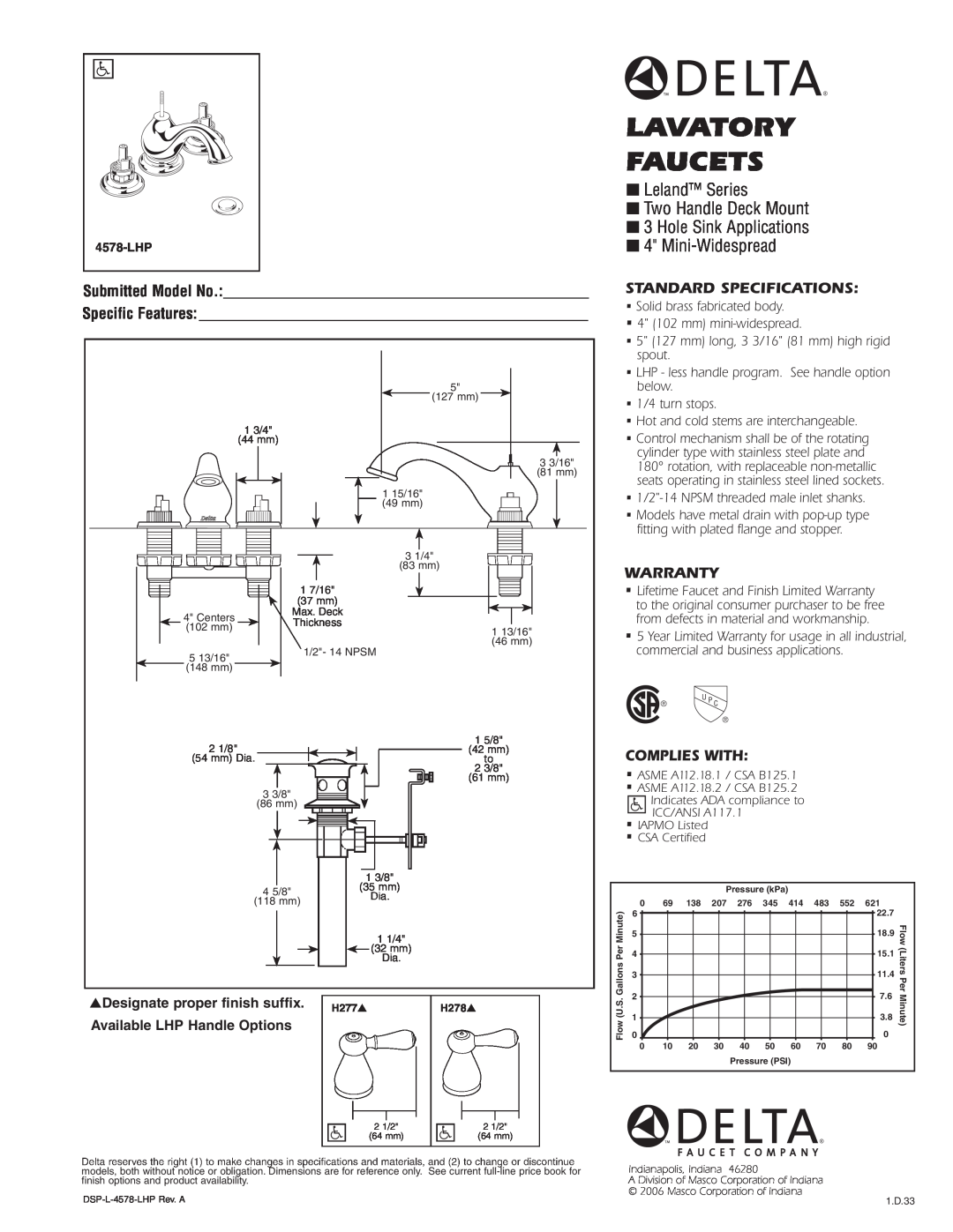 Delta 4578-LHP warranty Lavatory Faucets, Leland Series Two Handle Deck Mount 3 Hole Sink Applications, Mini-Widespread 