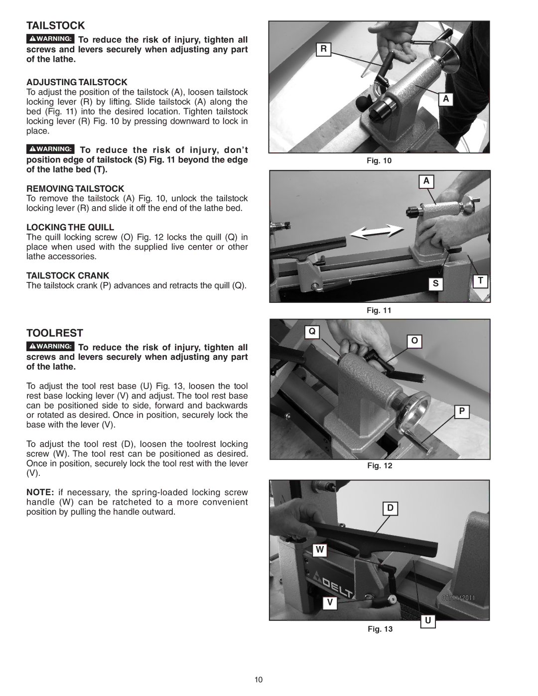 Delta 46-455, 46-460ST instruction manual Tailstock, Toolrest 