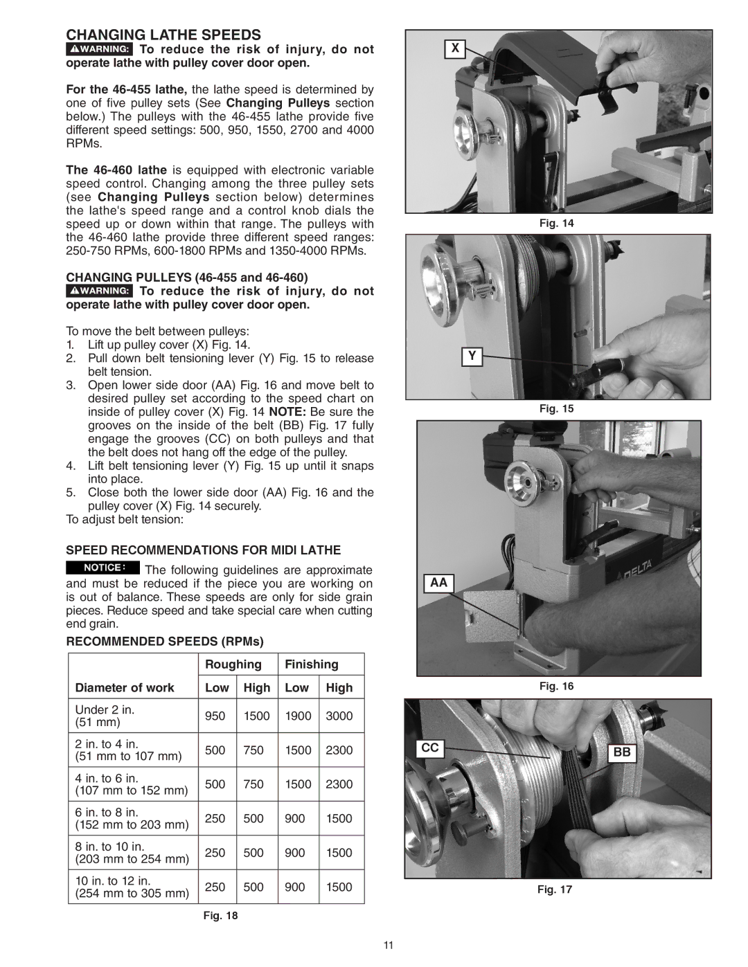 Delta 46-460ST, 46-455 instruction manual Changing Lathe Speeds, Speed Recommendations for Midi Lathe 