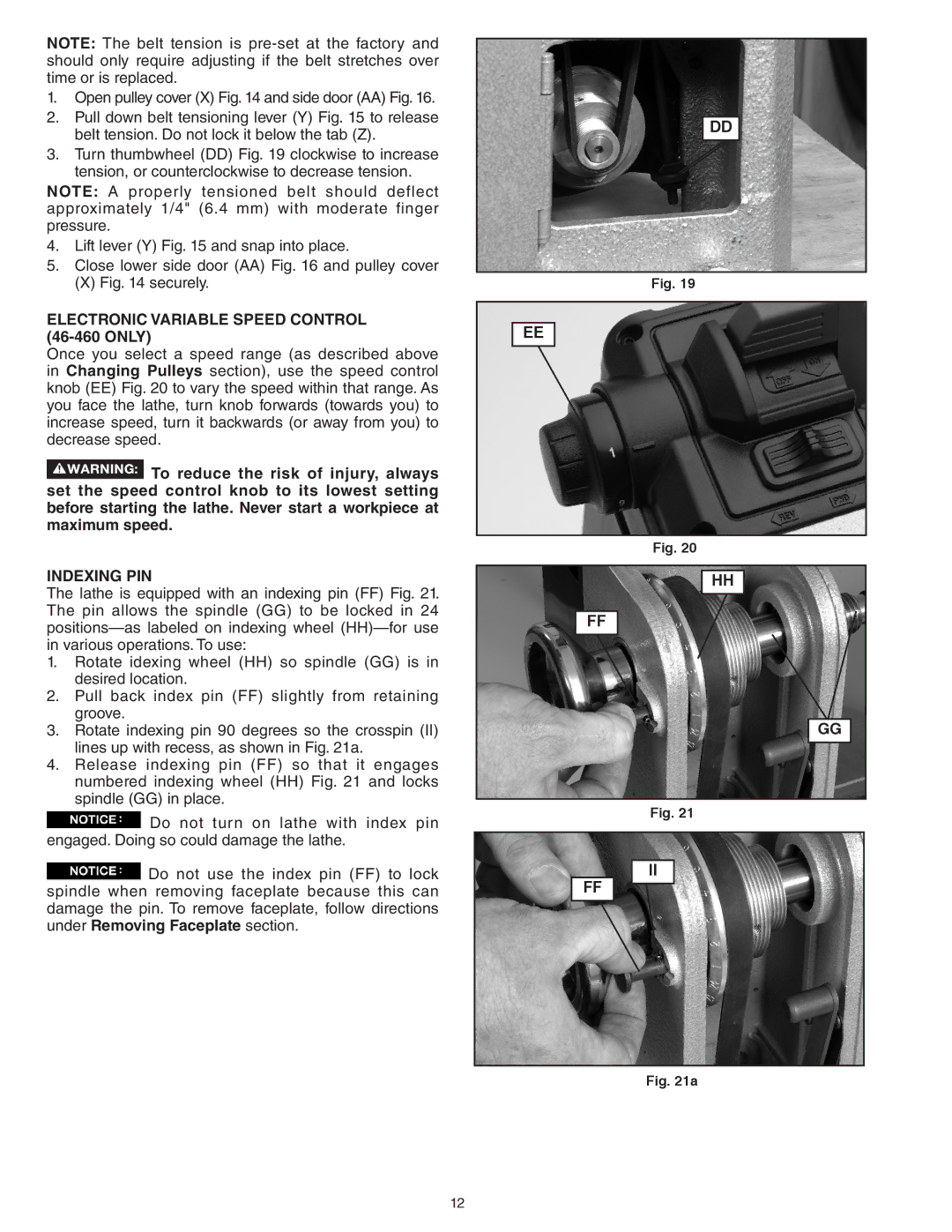 Delta 46-455, 46-460ST instruction manual Electronic Variable Speed Control 46-460 only, Indexing PIN 