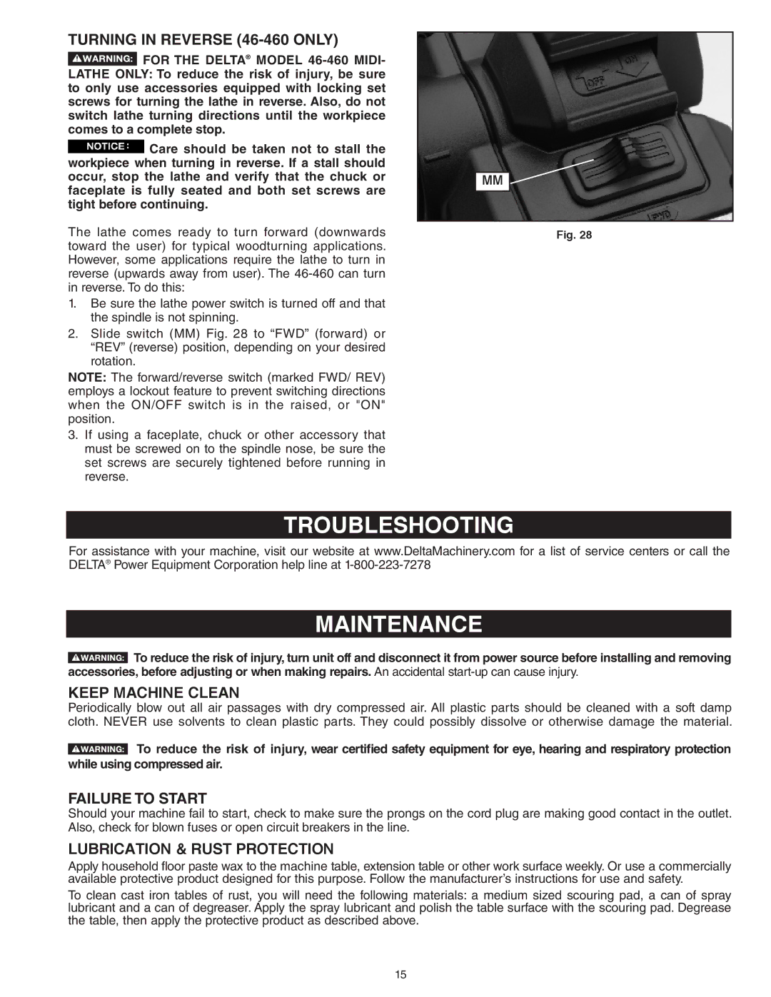 Delta 46-455 Troubleshooting Maintenance, Turning in Reverse 46-460 only, Keep Machine Clean, Failure to Start 