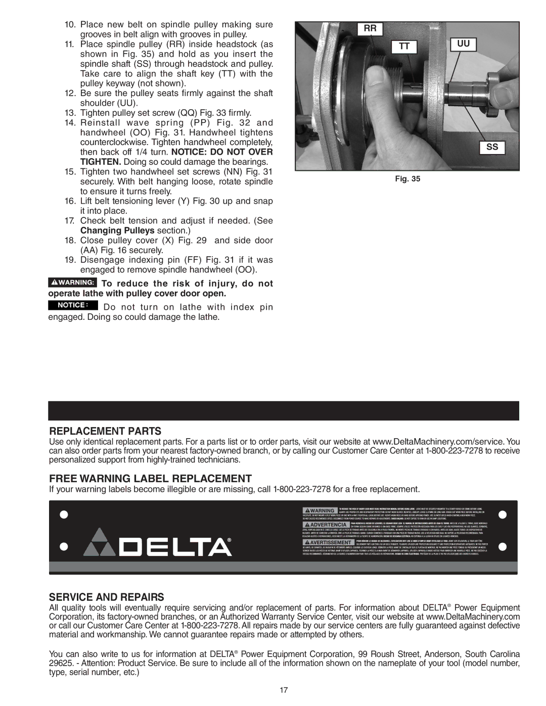 Delta 46-460ST, 46-455 instruction manual Replacement Parts Free Warning Label Replacement, Service and Repairs 