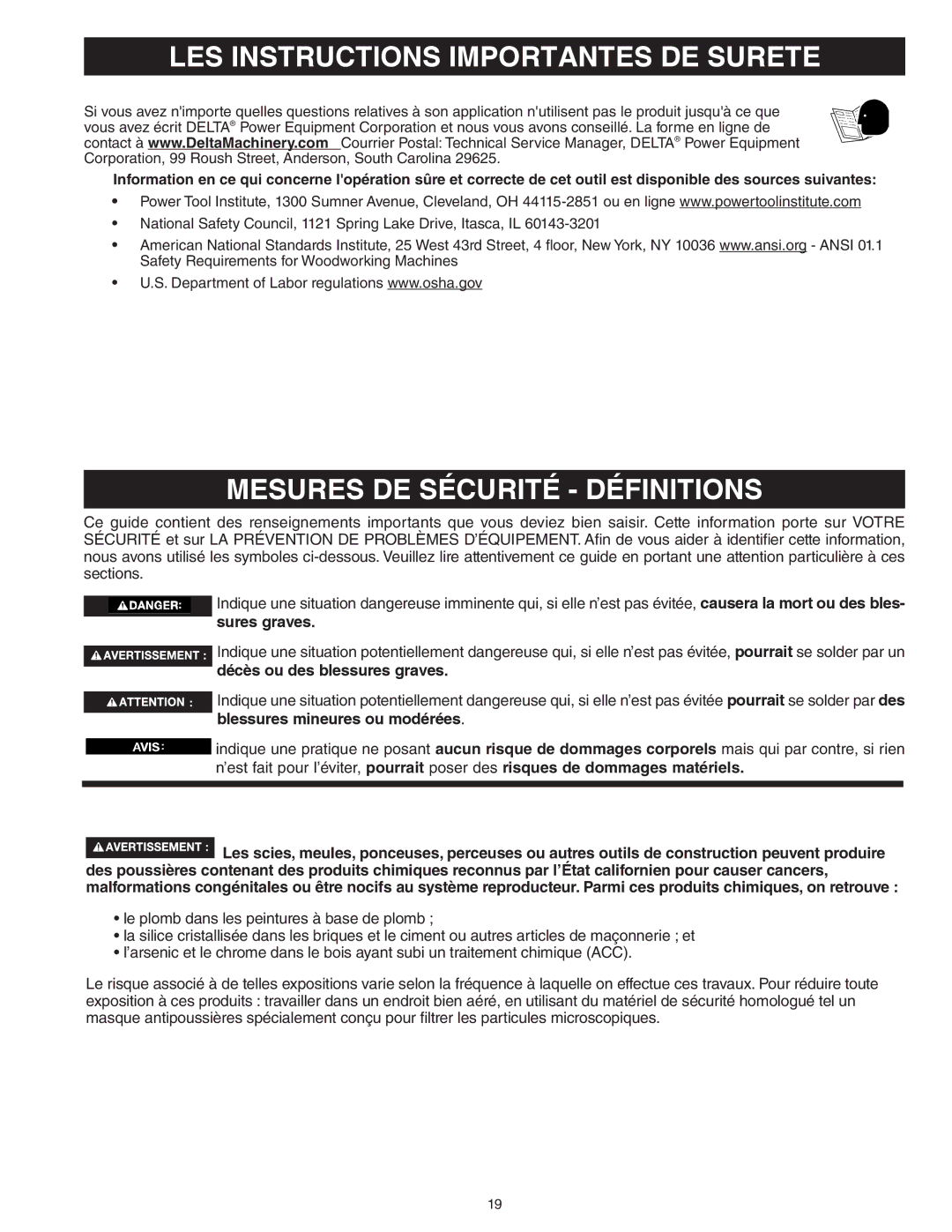 Delta 46-455, 46-460ST instruction manual LES Instructions Importantes DE Surete, Mesures DE Sécurité Définitions 