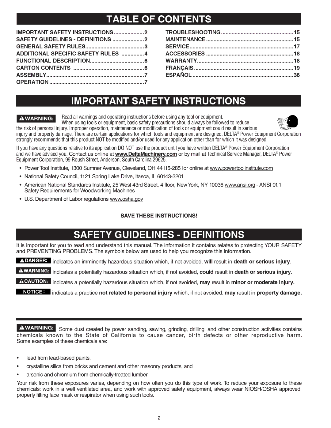 Delta 46-460ST, 46-455 instruction manual Table of Contents, Important Safety Instructions, Safety Guidelines Definitions 