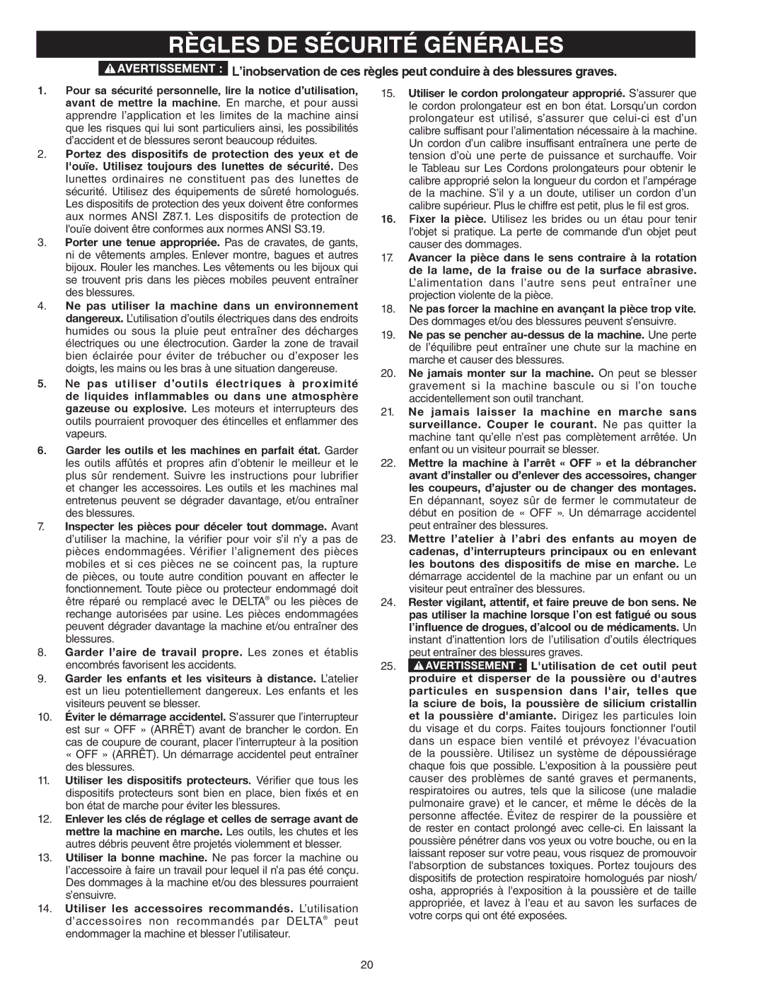 Delta 46-460ST, 46-455 instruction manual Règles DE Sécurité Générales 